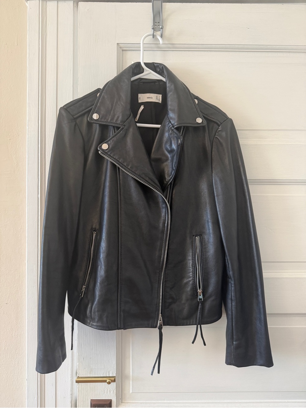 Mango Black Leather Moto Jacket with Zip Details